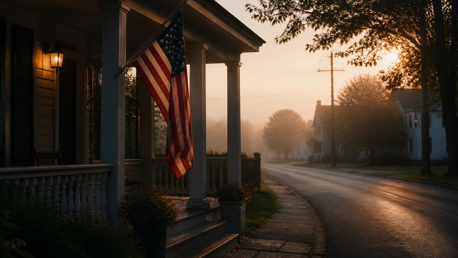 A quiet small-town porch at dawn with an American flag hanging in warm morning light.